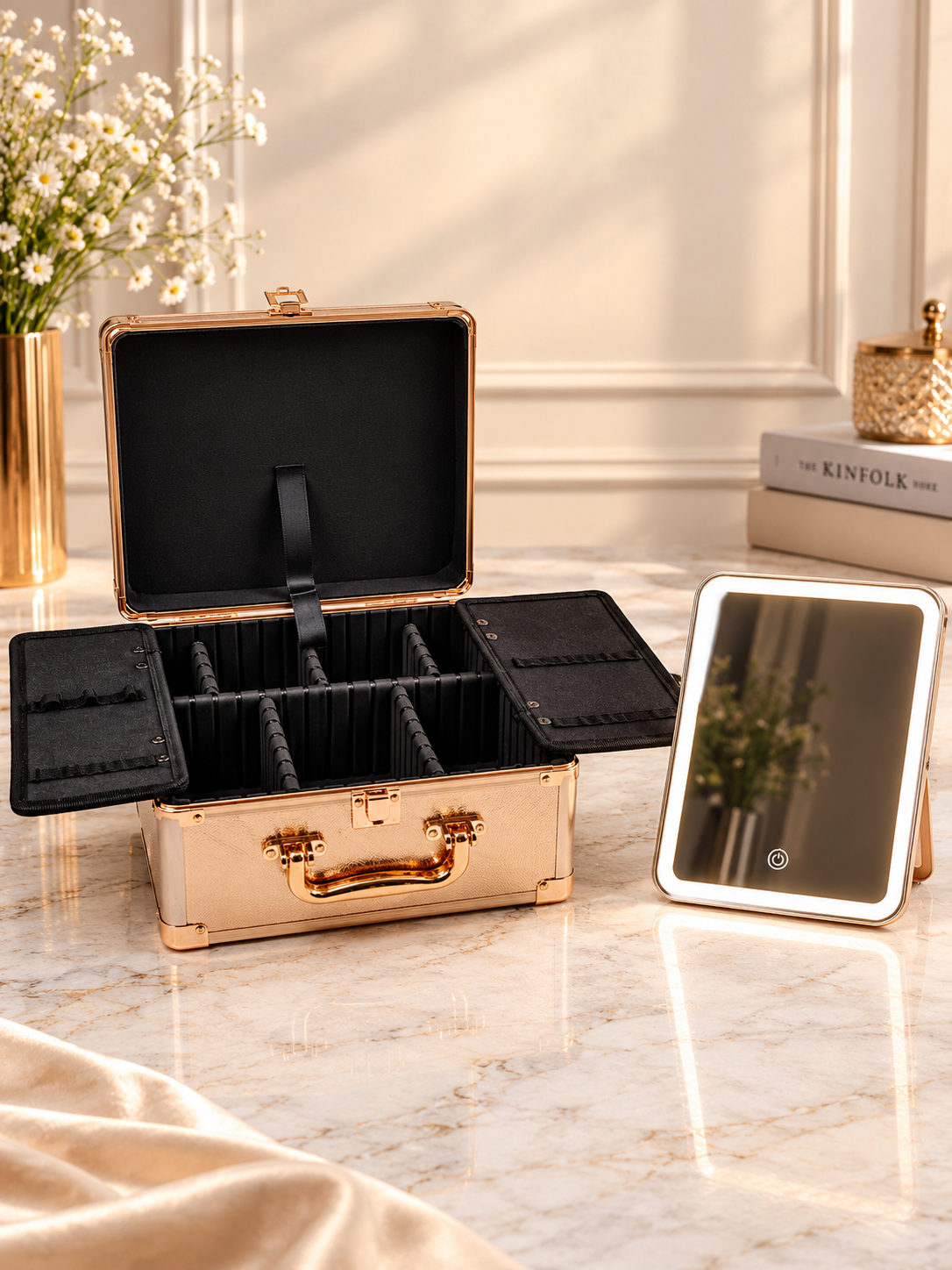 Rose gold LED makeup train case open with storage compartments and side mirror